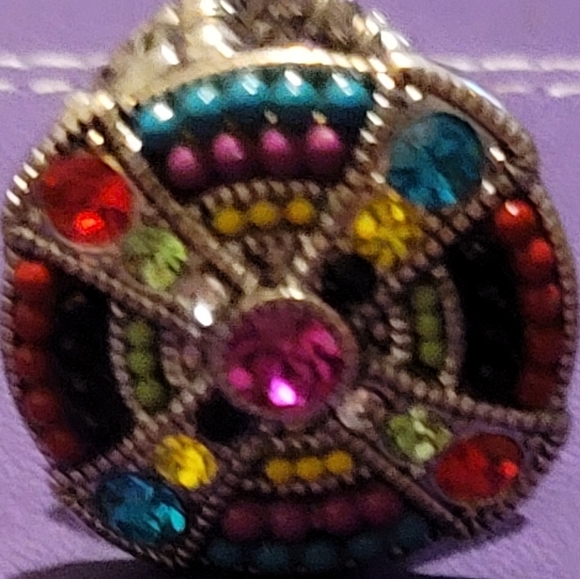 Antique ring SILVER TONE ENAMEL PASTEL GLASS VICTORIAN ring stretch band - Picture 9 of 11
